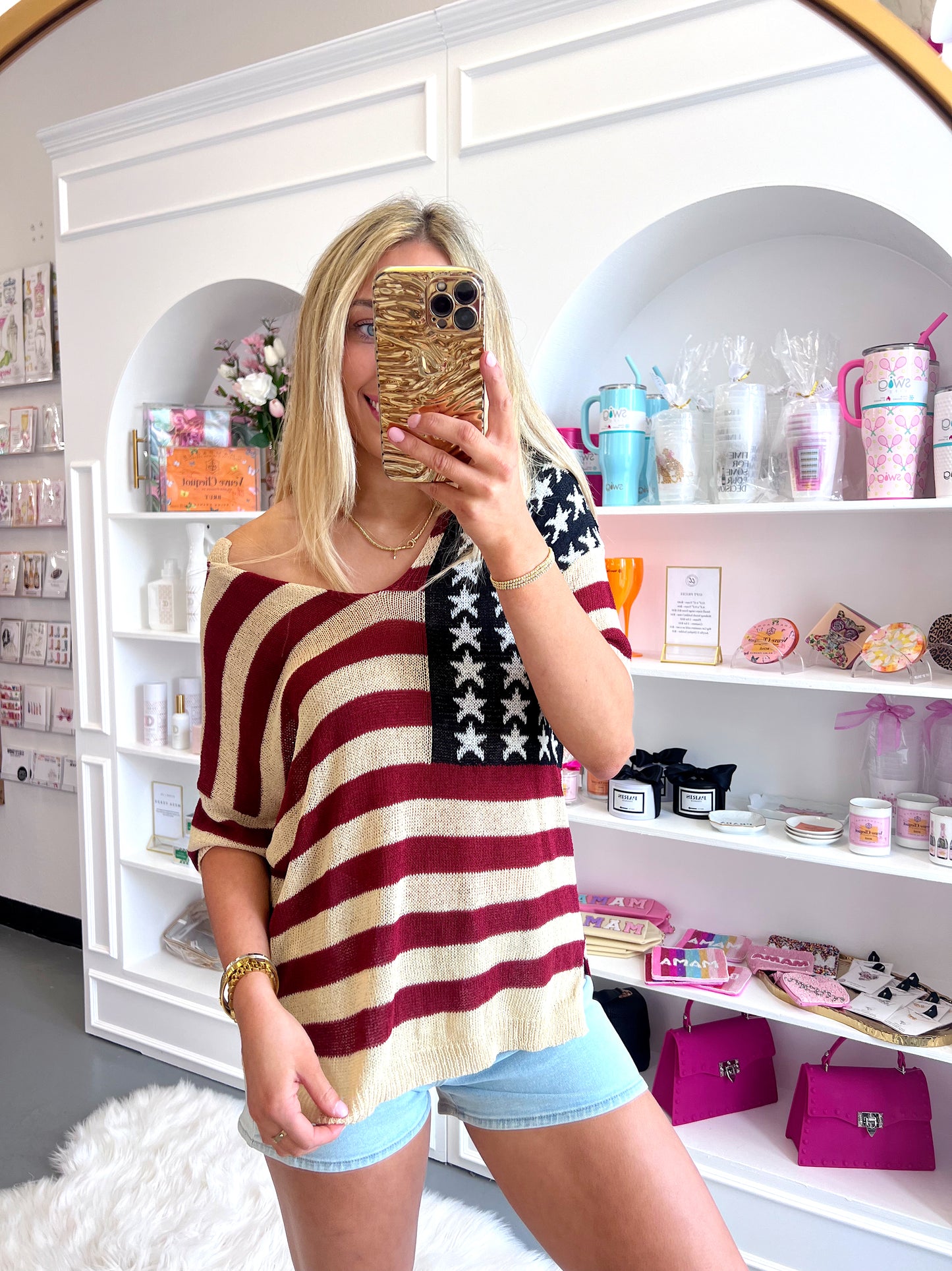 CREAM AMERICAN FLAG V NECK TOP - XL left