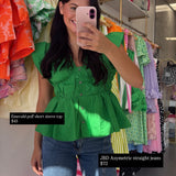 GREEN PUFF SLEEVE BUTTON TOP
