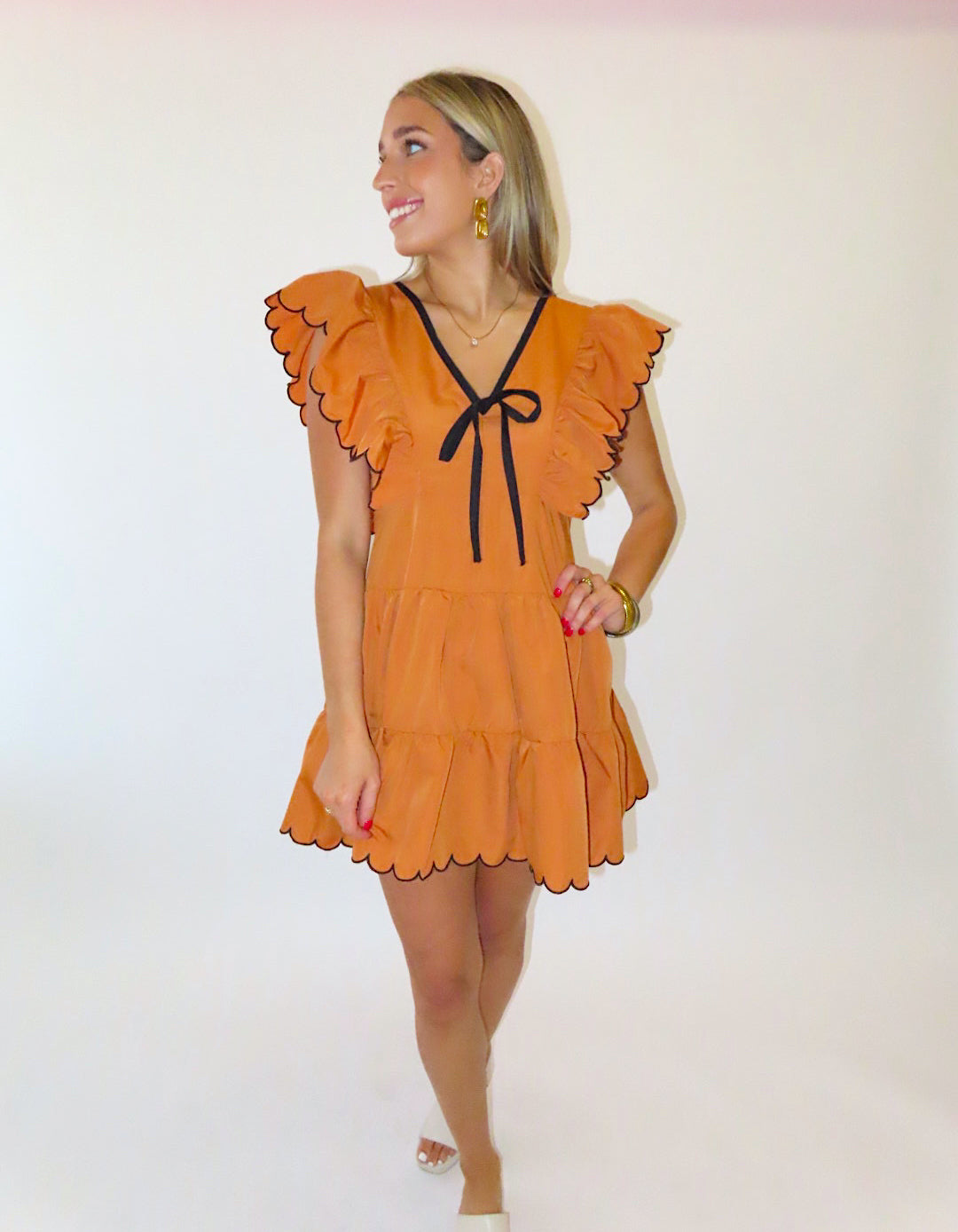 CAMEL RUFFLE SCALLOPED DRESS