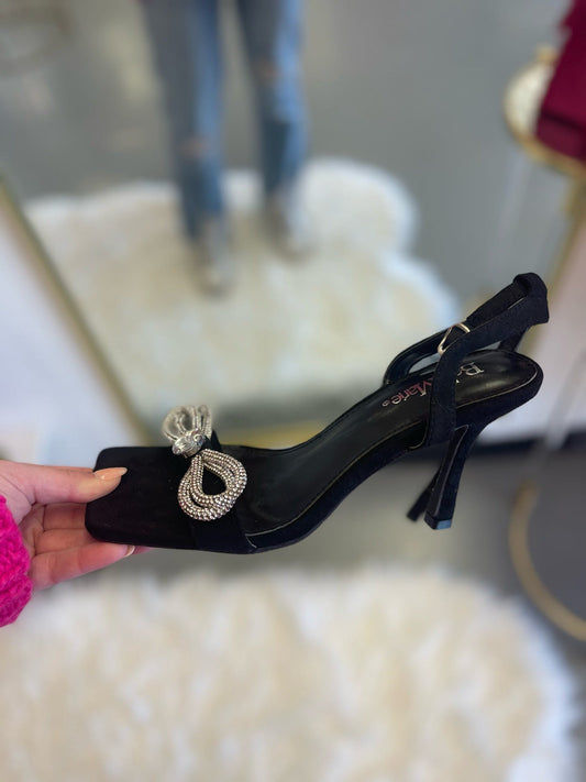 Black Rhinestone Bow Heels