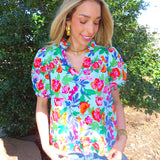 GREEN ORLENA FLORAL SPLIT NECK TOP