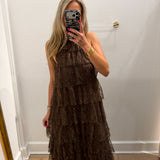 BROWN LACE TIERED HALTER MAXI DRESS