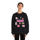 Teacher Icons Crewneck Sweatshirt — Cute Pink School Graphics