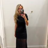 LBK BLACK RUCHED LAYERED MESH MAXI DRESS