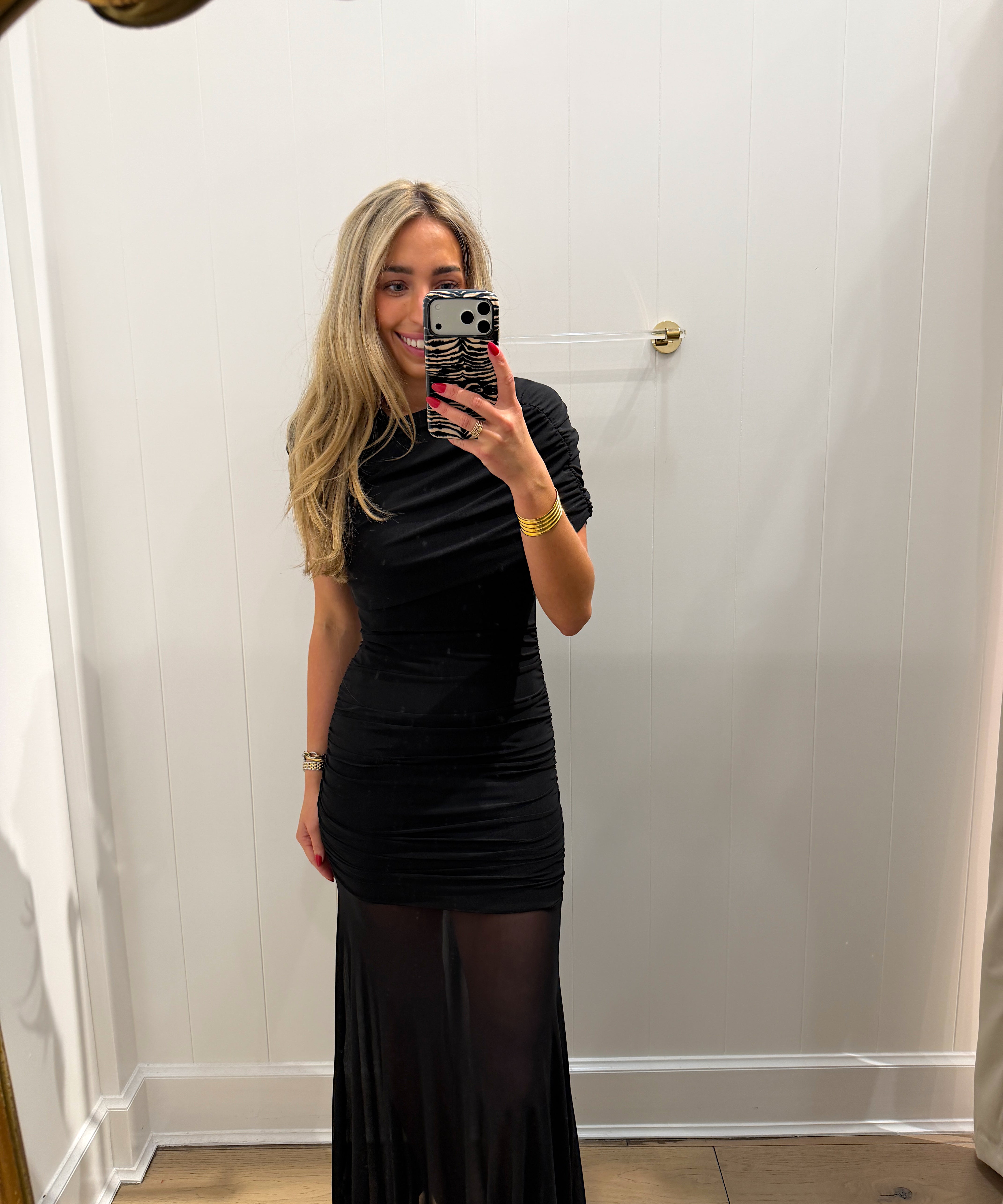 LBK BLACK RUCHED LAYERED MESH MAXI DRESS