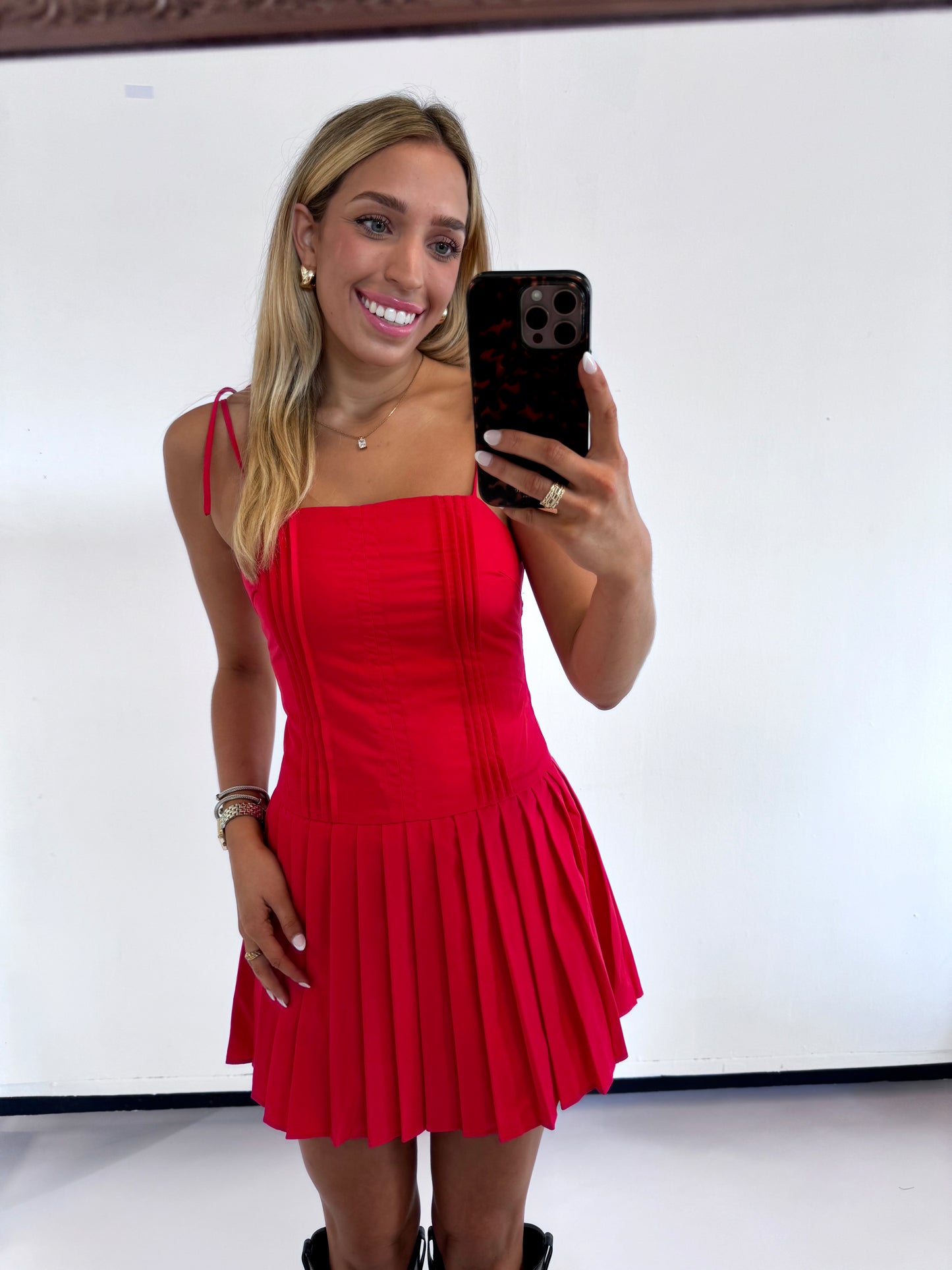 RED PLEATED DETAIL DRESS - (large left)