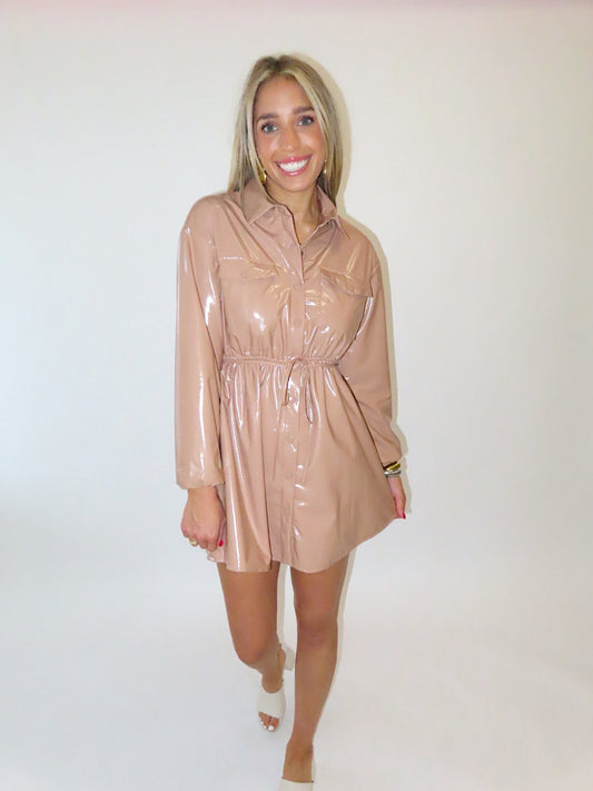 MOCHA BUTTON UP TIE DRESS