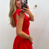 LBK RED NECKLINE SMOCKED DRESS