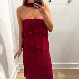 BURGUNDY SCARF MAXI RUFFLE FLOW DRESS