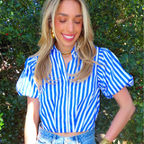 BLUE + WHITE STRIPED WOVEN TOP