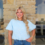 BABY BLUE EYELET BUBBLE BLOUSE