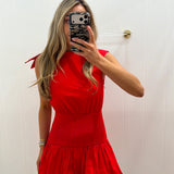 LBK RED NECKLINE SMOCKED DRESS