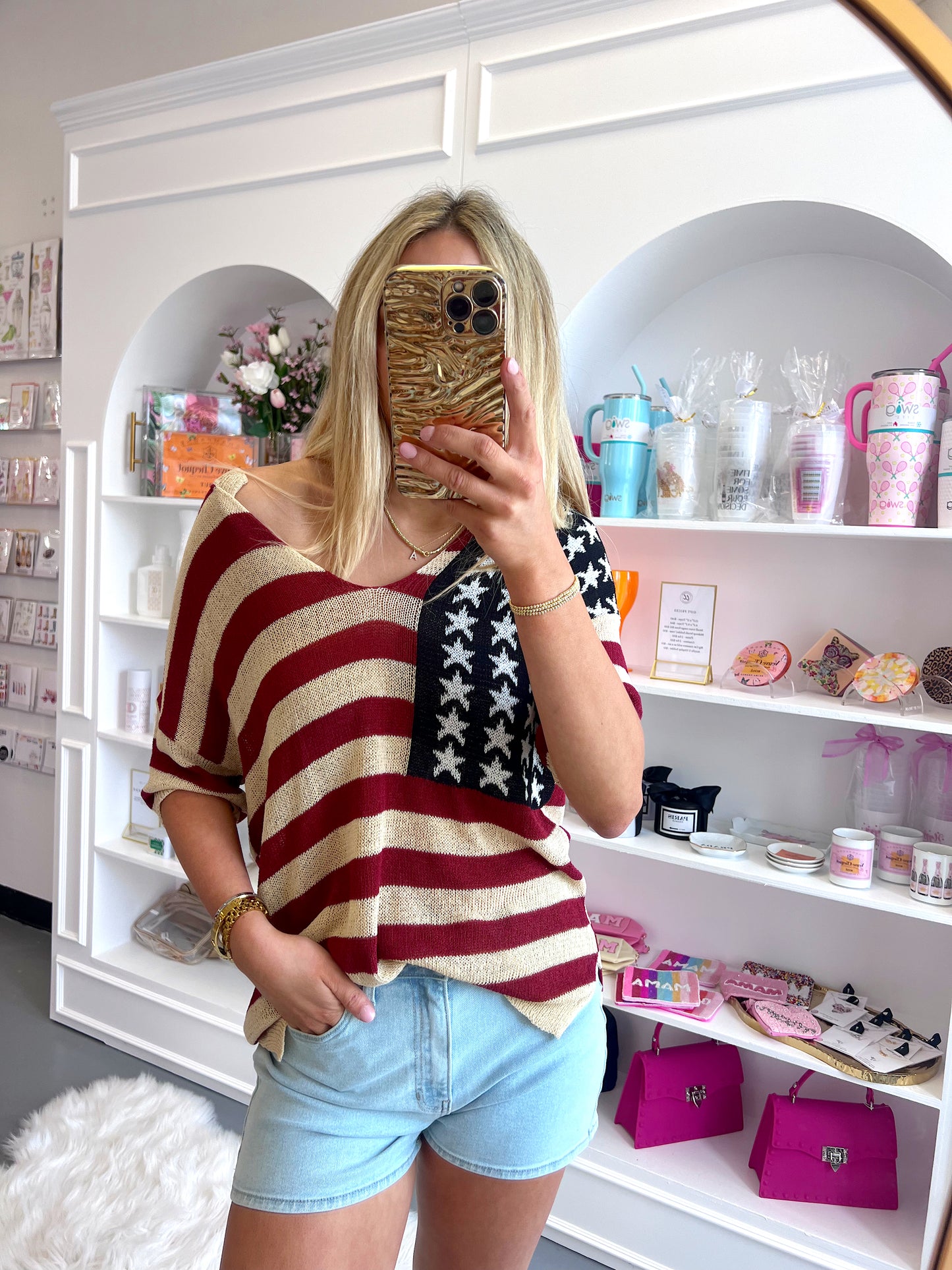 CREAM AMERICAN FLAG V NECK TOP - XL left