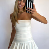 WHITE BUBBLE HEM RUCHED MINI DRESS