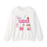 Teacher Icons Crewneck Sweatshirt — Cute Pink School Graphics