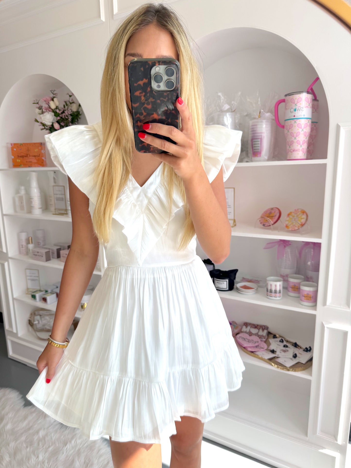 WHITE SHIMMER V NECK RUFFLE DRESS