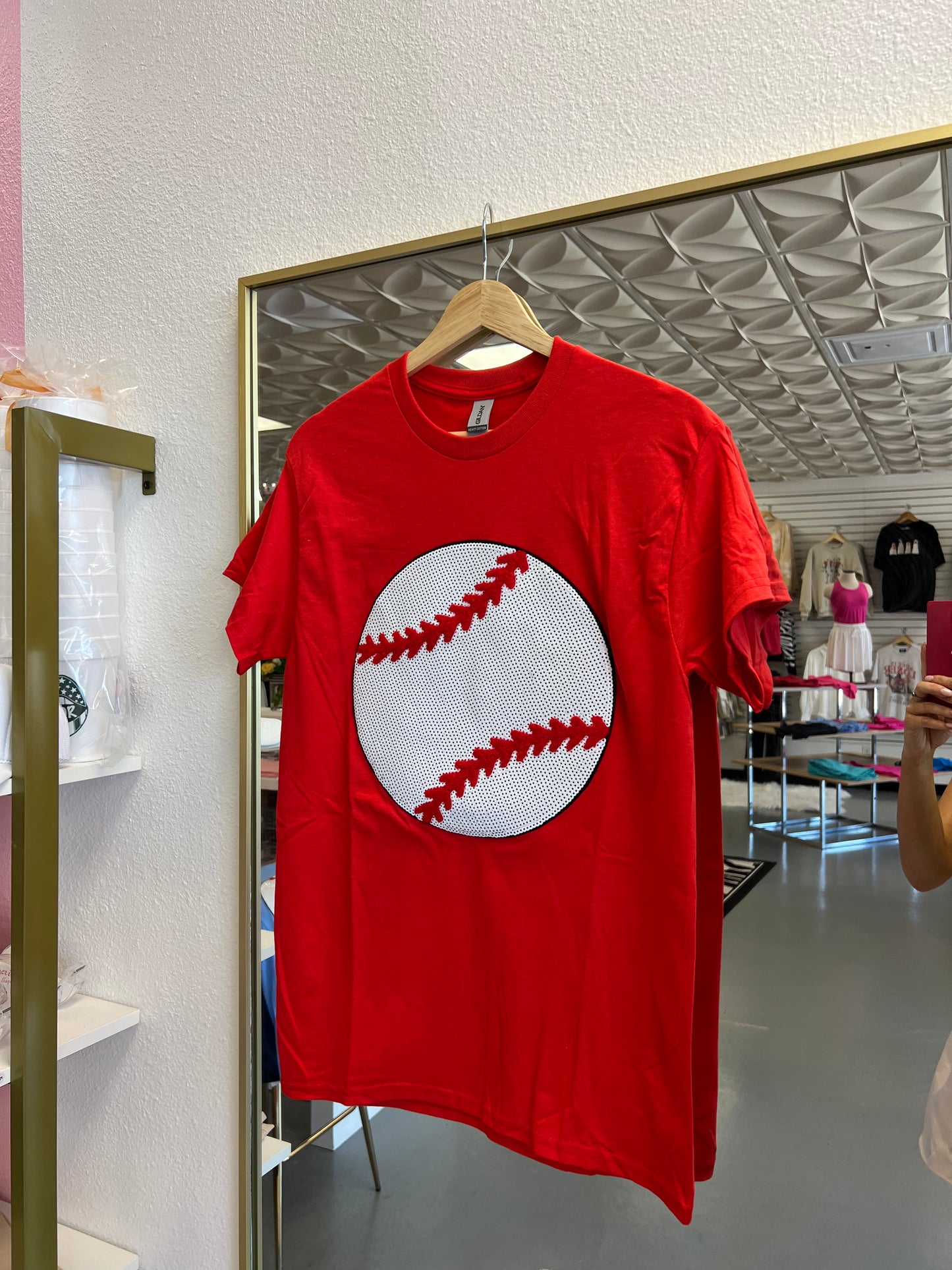 RED SEQUIN BASEBALL TEE