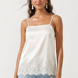 Square Neck Lace Trim Satin Cami: Black / S