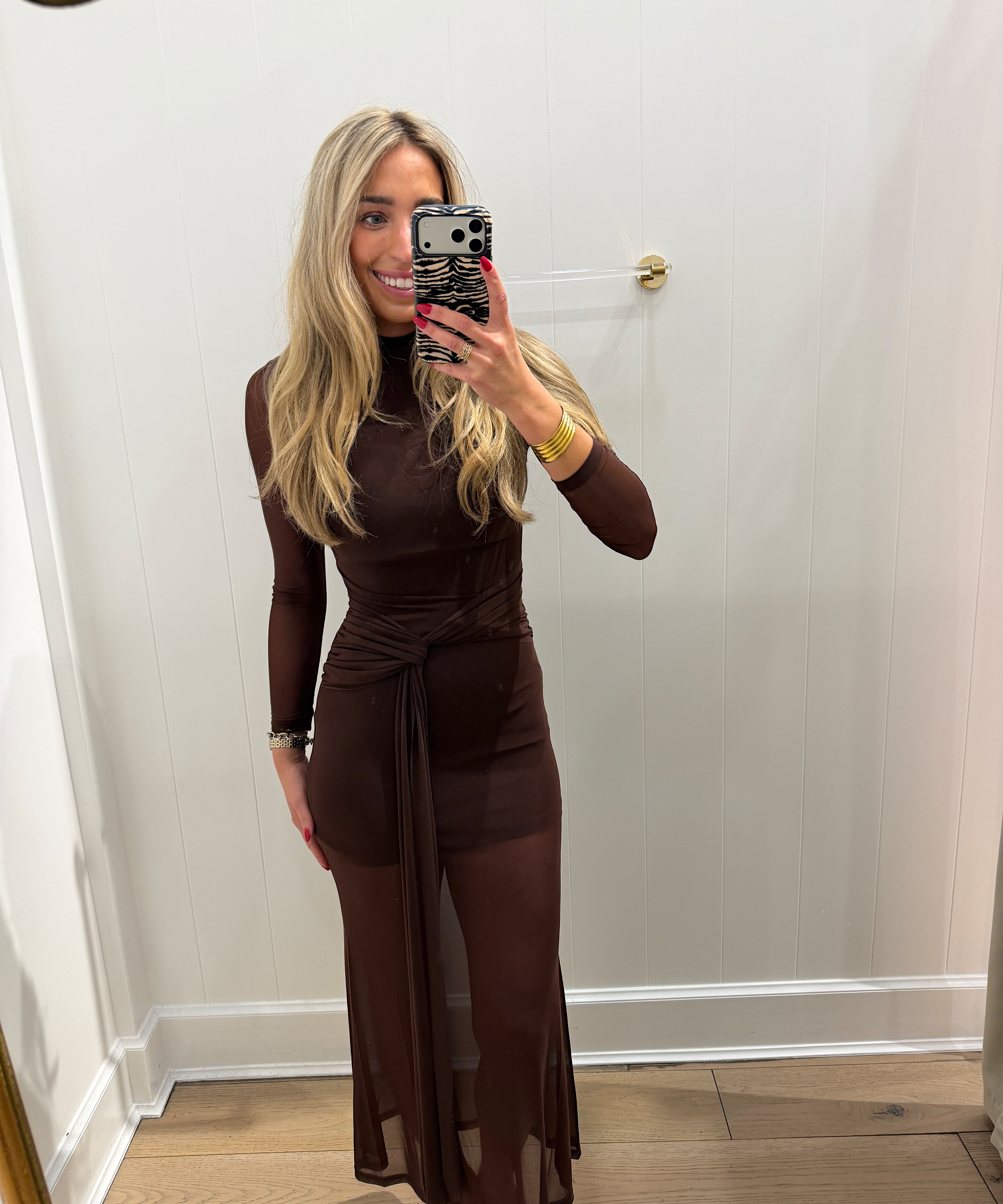 CHOCOLATE LONGSLEEVE SHEER MAXI DRESS
