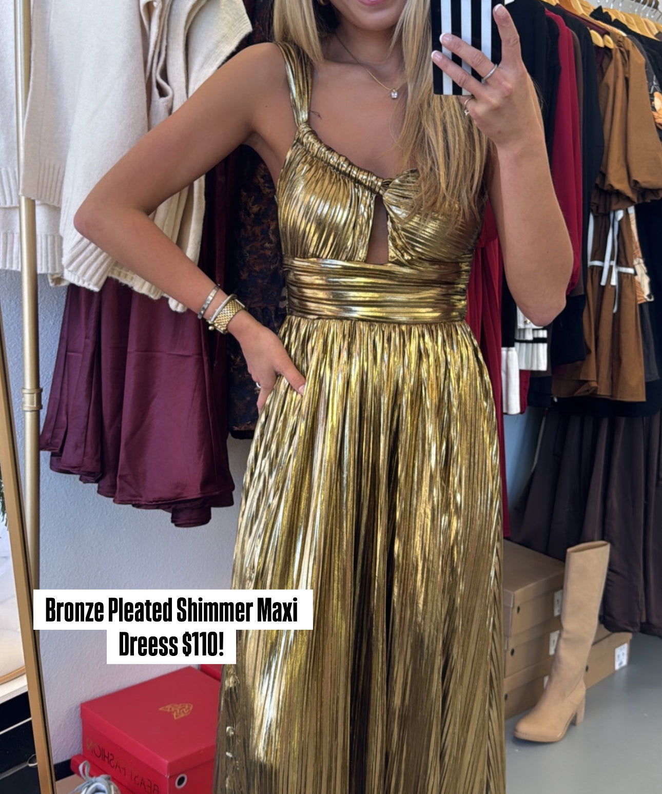 Bronze Pleated Shimmer Maxi Dreess