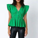 GREEN PUFF SLEEVE BUTTON TOP