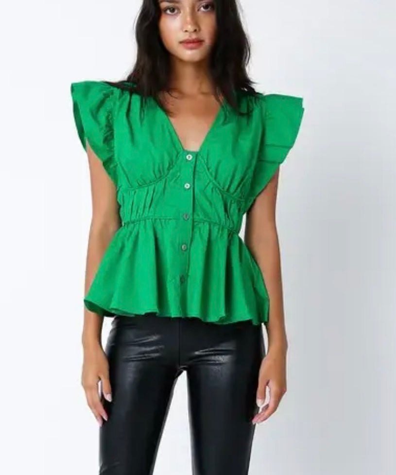 GREEN PUFF SLEEVE BUTTON TOP