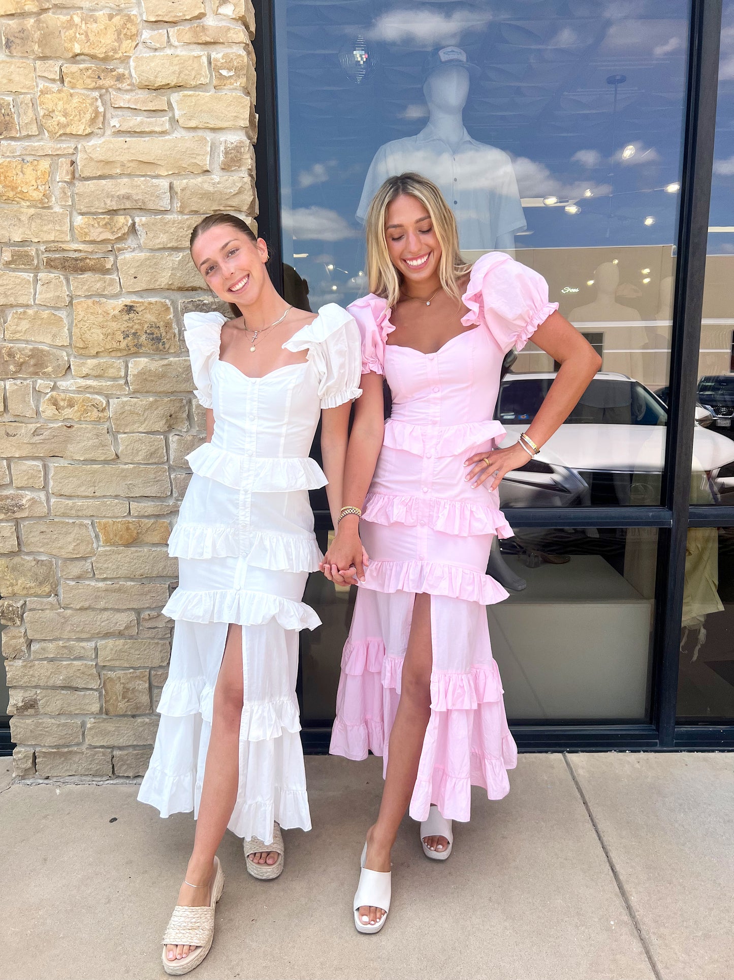 LIGHT PINK FRONT BUTTON TIERED MAXI DRESS