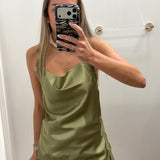 OLIVE LACE SATIN HALTER TANK