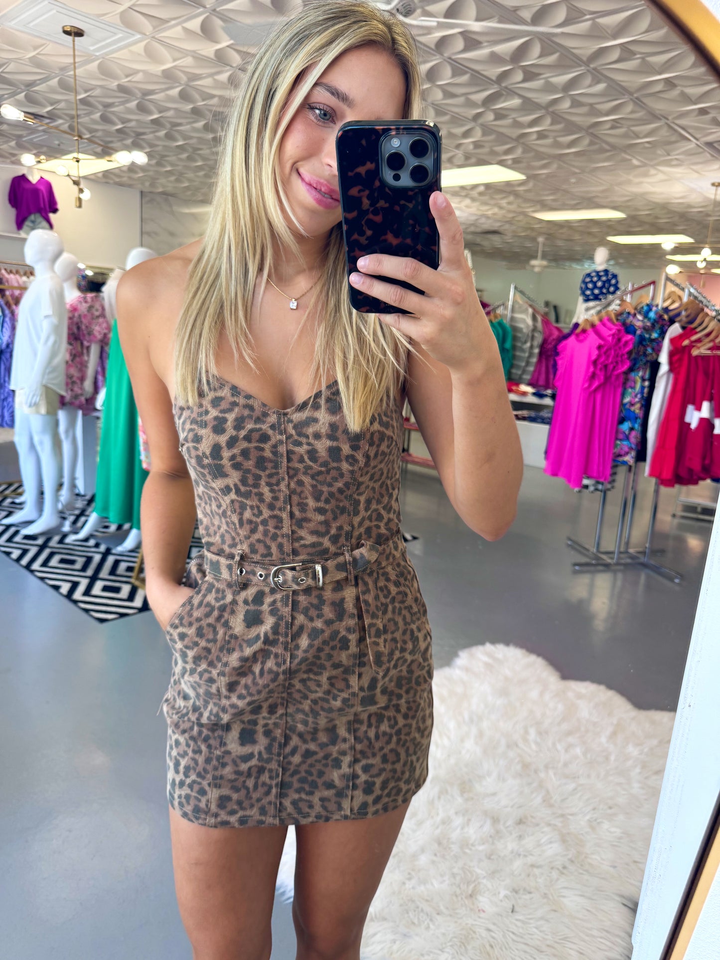 LEOPARD BELTED STRAPLESS DRESS