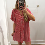 CRIMSON STRIPE FLOWY RUFFLE DRESS