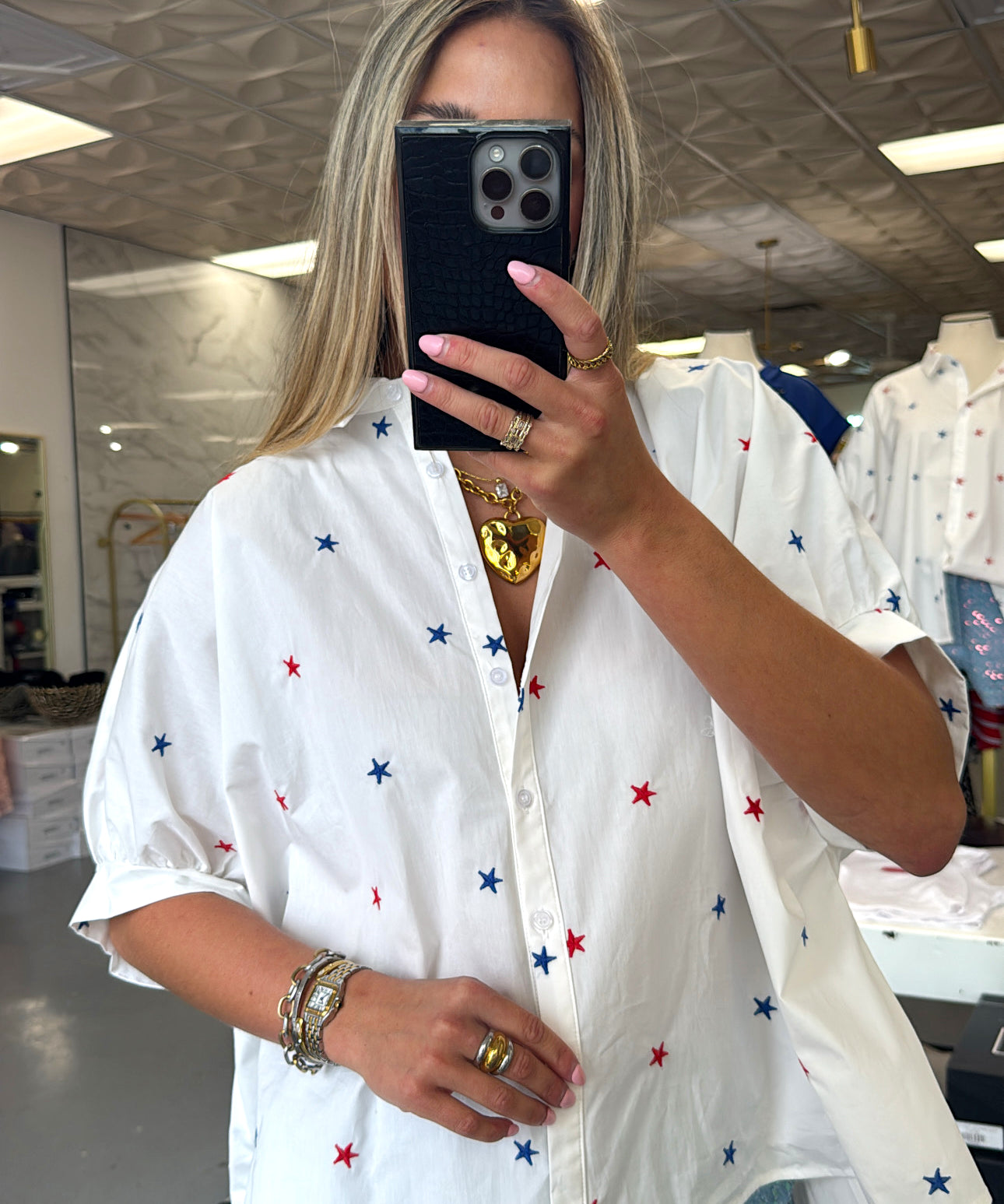 WHITE MULTI COLOR STAR EMBROIDERED OVERSIZED TOP
