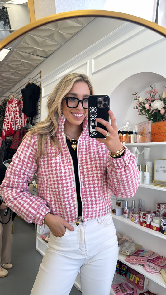 PINK PLAID PUFFER JACKET