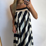 BLACK + CREAM SATIN STRIPED MIDI DRESS (size large left)