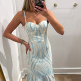 BABY BLUE PEARL RUFFLE MIDI DRESS