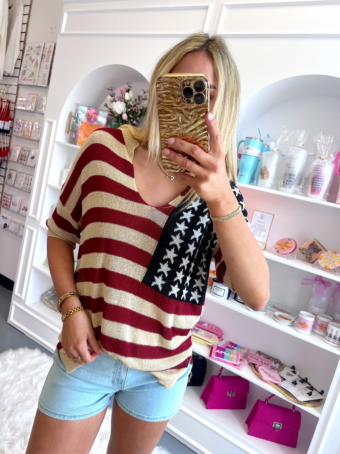 CREAM AMERICAN FLAG V NECK TOP - XL left