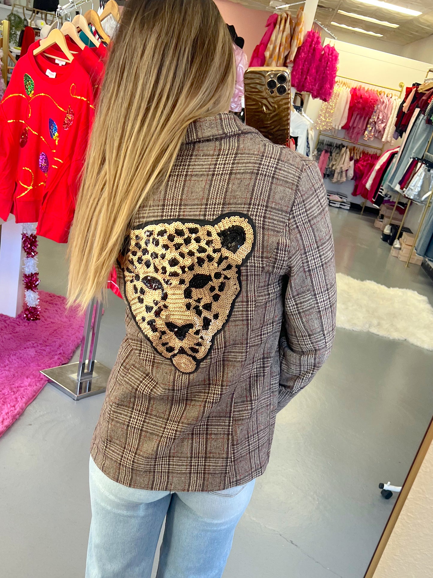 BROWN PLAID SEQUIN CHEETA BLAZER (large / XL left)