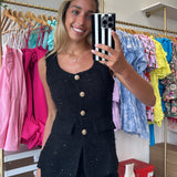 BLACK SEQUIN TWEED ROMPER