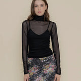 Black Turtle Neck Long Sleeve Mesh Top