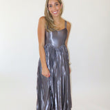 SILVER MIDI PLEATED FLOW DRESS