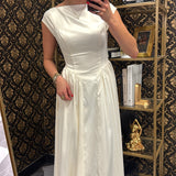 Cream Satin Boat Neckline Midi Dress