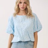 BABY BLUE EYELET BUBBLE BLOUSE