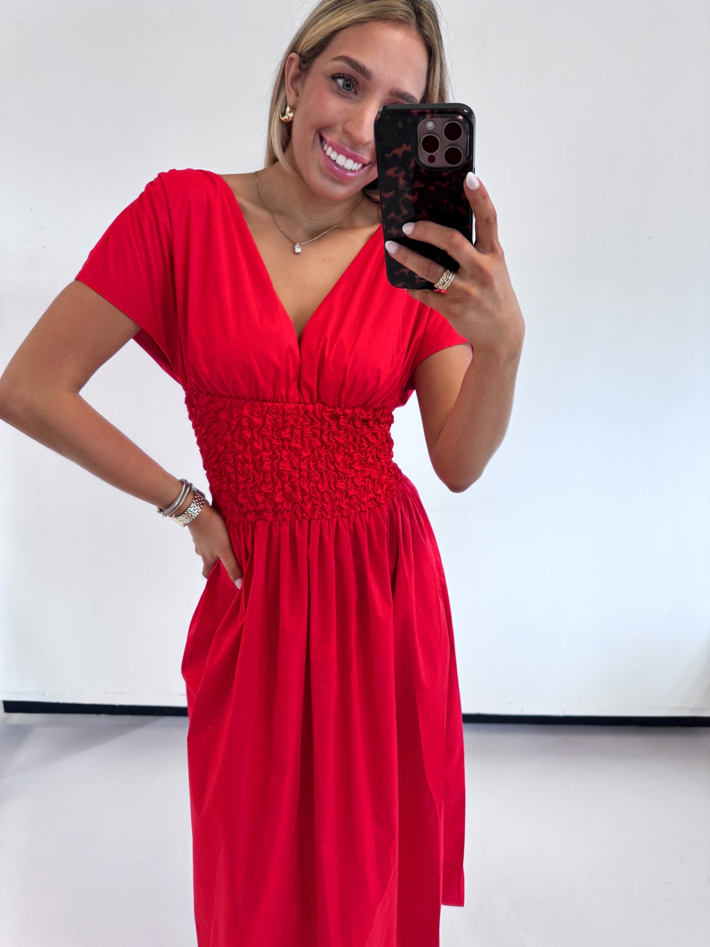 POPPY RED SMOCKED MAXI DRESS