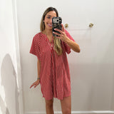 CRIMSON STRIPE FLOWY RUFFLE DRESS