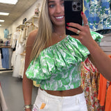 GREEN FLORAL ONE SHOULDER RUFFLE TOP