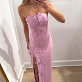 PINK STRAPLESS 3D FLORAL MAXI DRESS