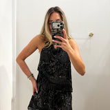 BLACK HALTER MINI CRISS CROSS SEQUIN DRESS