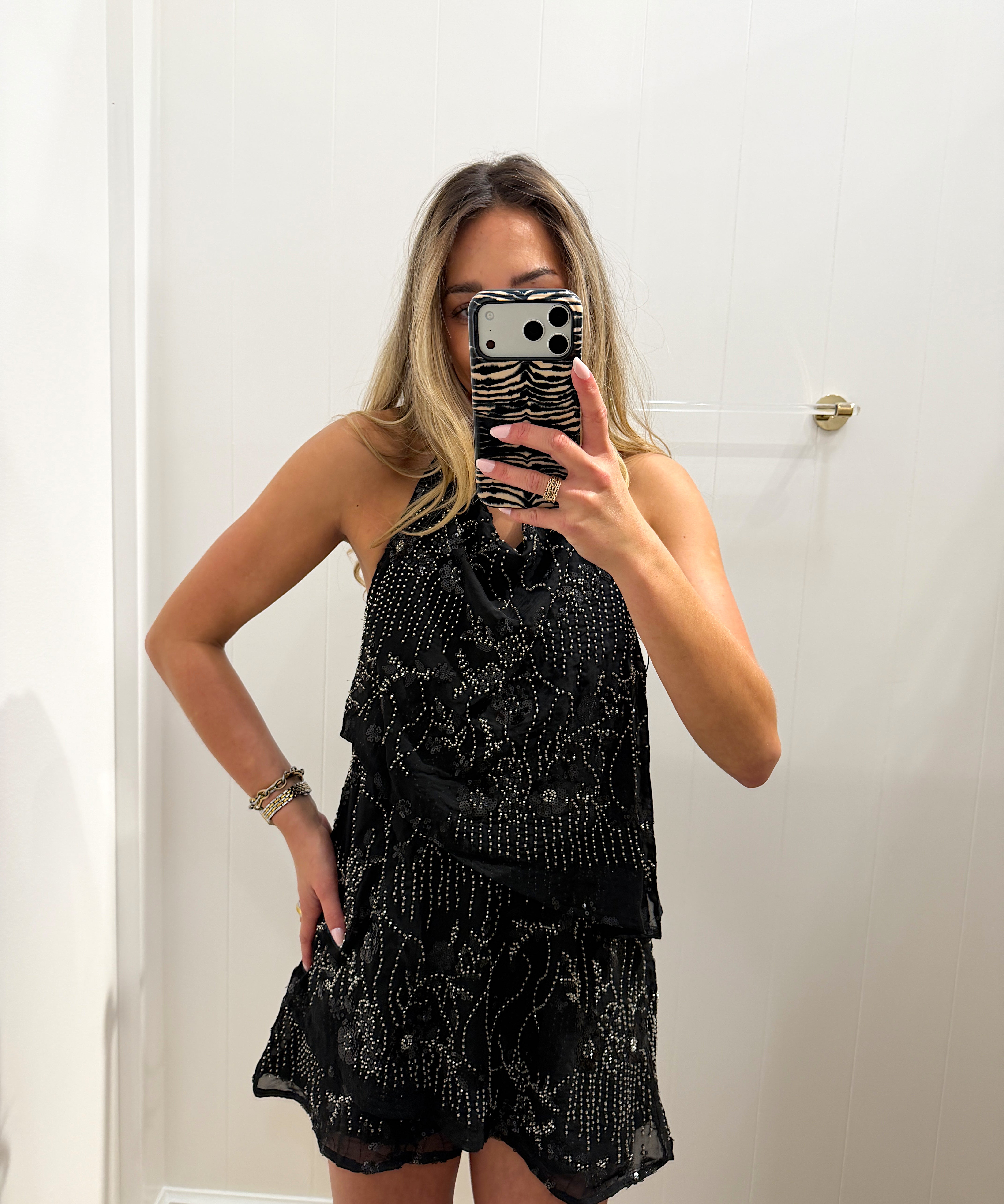 BLACK HALTER MINI CRISS CROSS SEQUIN DRESS