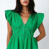 GREEN PUFF SLEEVE BUTTON TOP