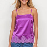 Square Neck Lace Trim Satin Cami: Black / L