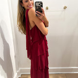 BURGUNDY SCARF MAXI RUFFLE FLOW DRESS